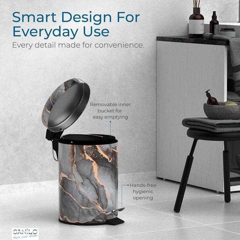 Sanilo Small Bathroom Trash Can with Lid [1.3 Gallon], Lidded Tiny Trashcan for Garbage, Mini Metal Bin with Soft Closing Mechanism, Bath Room Accessoire Wastebin with Inner Bucket (Marble Abstract) - Image 4